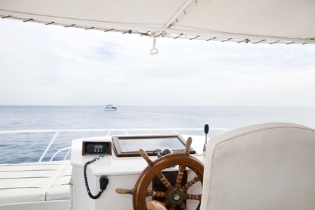 Wooden Helm of Recreational Boatのeditorial素材
