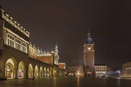 Cloth Hall and Town Hall Tower by night, Cracowのeditorial素材