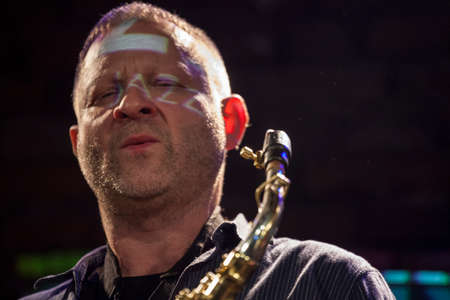 KrakÃ³w, Poland - November 19, 2013: Mikolaj Trzaska during concert in KrakÃ³w. Concert takes place as a part of 8. Krakow Jazz Autumn Festival.のeditorial素材