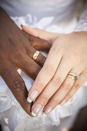 Close up of palms with wedding rings of newlywedsの写真素材