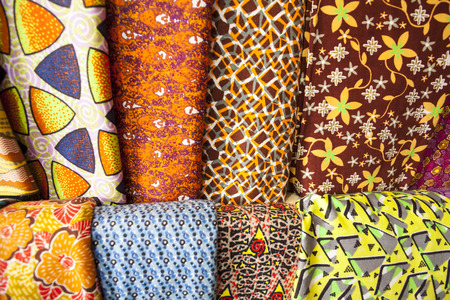 African traditional fabrics in a shop in Ghana, West Africaの写真素材