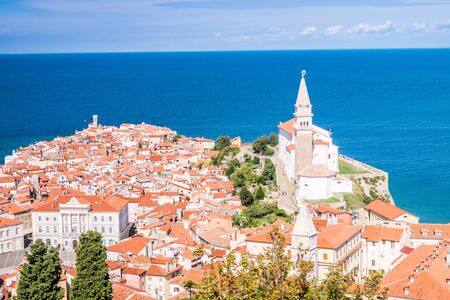 Panorama of beautiful Piran over Adriatic Sea, Sloveniaの写真素材