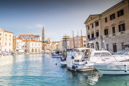 Panorama of beautiful Piran over Adriatic Sea, Sloveniaの写真素材