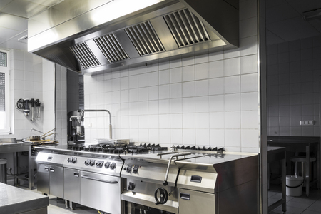 Modern industrial kitchen, white and silver interior