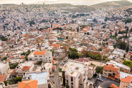 Panorama of Nazareth with Basilica of Annunciation, Galilee, Israelの写真素材