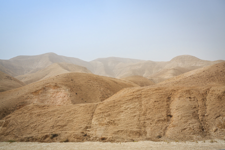 Wilderness of Judah, desert mountains approaching Dead Sea, Israelの写真素材
