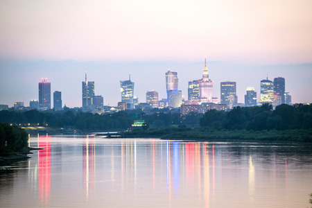 Warsaw city center and Wisla river at dusk, Polandの写真素材