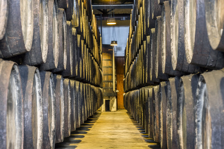 Plenty of porto wine barrels in Vila Nova de Gaia, Portugalの写真素材