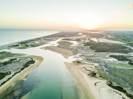 Aerial view of unique Ria Formosa at sunset in Fuseta, Algarve, Portugalの写真素材