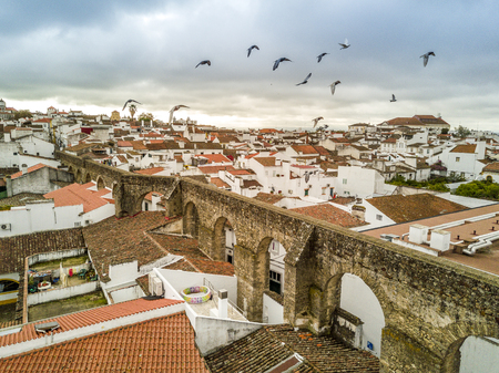 Aerial view of historic Evora with Roman aqueduct and birds, Alentejo, Portugalの写真素材