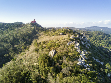Aerial view of the Castle of the Moors and Pena Palace in the background, Sintra, Portugalのeditorial素材