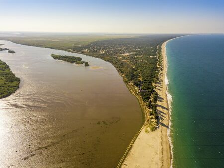 Aerial view of beautiful Macaneta Beach, north Maputo, Mozambique, Africaの写真素材