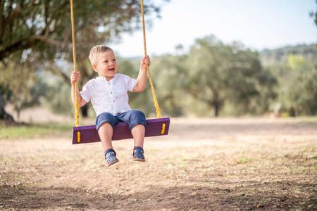 Cute happy blond toddler on the swingの写真素材