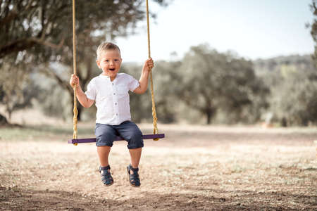 Cute happy blond toddler on the swingの写真素材