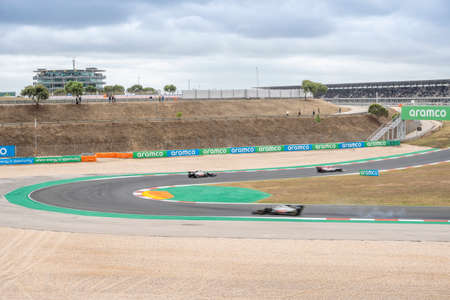 Portimao, Portugal - October 25, 2020: Fast cars on racing track during Formula 1 championship in Portugalのeditorial素材