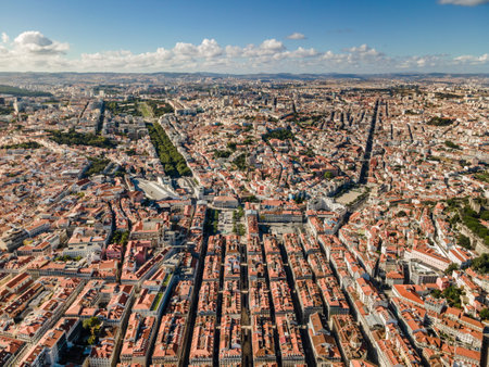 Aerial view of the red-roofed architecture of the city center of Lisbon, Portugalの写真素材