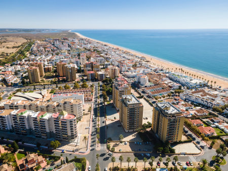 Aerial view of Islantilla, a seaside town full of resorts, Lepe, Huelva, Spainの写真素材