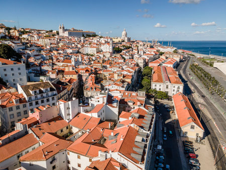 Aerial view of the red-roofed architecture of the city center of Lisbon, Portugalの写真素材