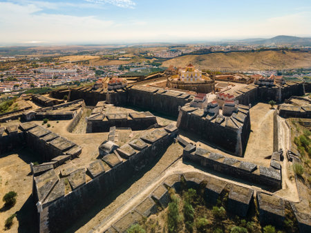 Aerial view of huge pentagonal fortress in Elvas, Alentejo, Portugalの写真素材