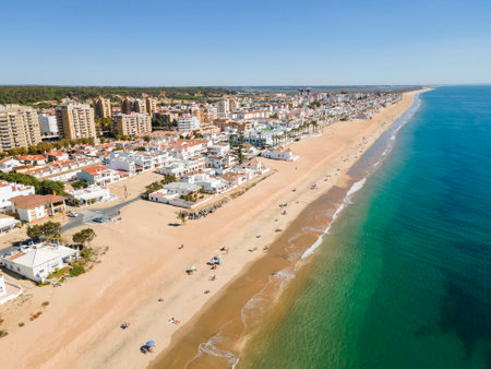 Aerial view of Islantilla, a seaside town full of resorts, Lepe, Huelva, Spainの写真素材