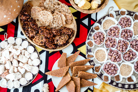 Variety of delicious dessert from Angola on a table covered with African fabricの写真素材