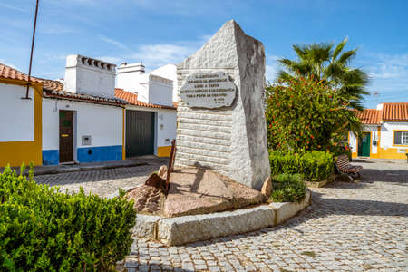 October 5, 2020 - Vila Fernando, Portugal: Small monument with plow praising local farmersのeditorial素材