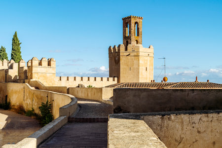 Famous tower in moorish fortified castle called Torre espantaperros, Alcazaba, Badajoz, Spainのeditorial素材