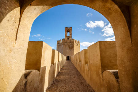 Famous tower in moorish fortified castle called Torre espantaperros, Alcazaba, Badajoz, Spainのeditorial素材