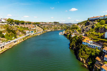 Cityscape of Porto and Vila Nova de Gaia with Douro River between, Portugalの写真素材