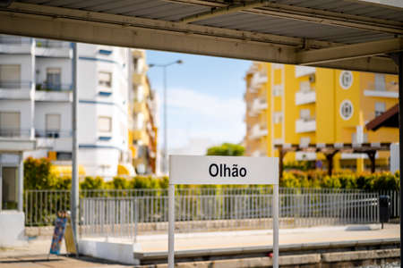 Olhao sign at train station in Algarve, south of Portugalの写真素材