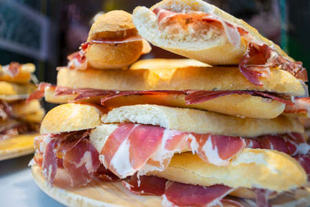 Plenty of tasty sandwiches with Spanish ham called jamonの写真素材