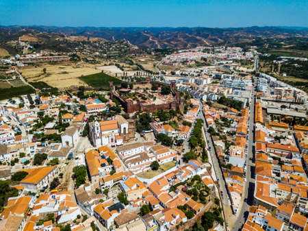 Aerial view of Silves with Moorish castle and historic cathedral, Algarve, Portugalのeditorial素材