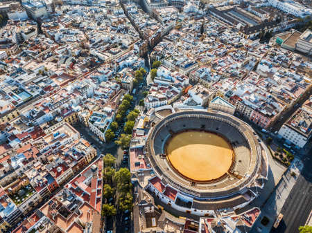 Bullring of the Real Maestranza de CaballerÃ­a surrounded by white architecture in Sevilla, Andalusia, Spainのeditorial素材