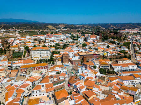 Aerial view of Silves with Moorish castle and historic cathedral, Algarve, Portugalのeditorial素材