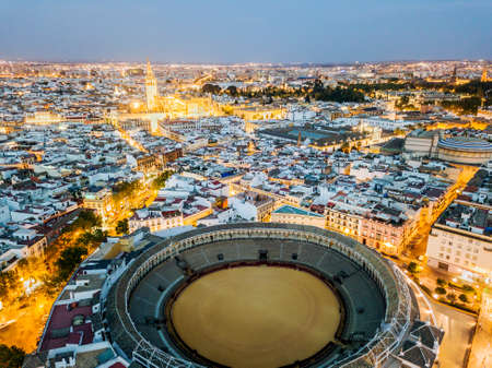Bullring of the Real Maestranza de CaballerÃ­a surrounded by white architecture in Sevilla, Andalusia, Spainのeditorial素材