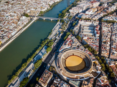 Bullring of the Real Maestranza de CaballerÃ­a surrounded by white architecture in Sevilla, Andalusia, Spainのeditorial素材