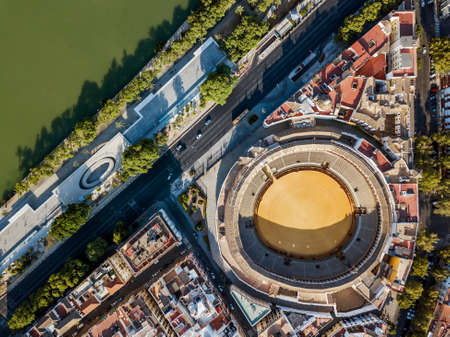 Bullring of the Real Maestranza de CaballerÃ­a surrounded by white architecture in Sevilla, Andalusia, Spainのeditorial素材