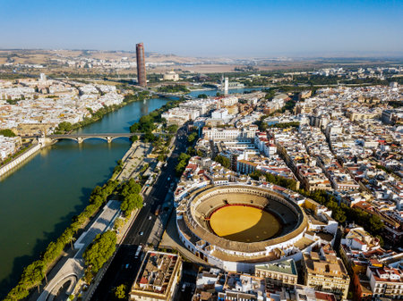 Bullring of the Real Maestranza de CaballerÃ­a surrounded by white architecture in Sevilla, Andalusia, Spainのeditorial素材
