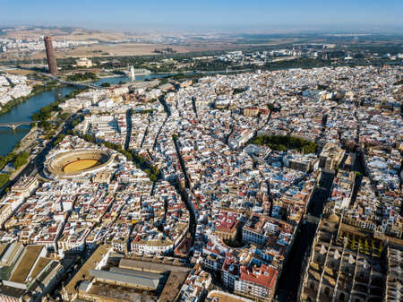 Aerial view of Seville with landmarks as tower, the bullring and the river, Andalusia, Spainのeditorial素材