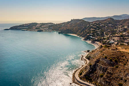 Aerial view of touristic coast in Almunecar by Mediterranean Sea, Andalusia, Spainの写真素材