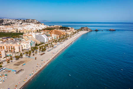 Aerial view of touristic coast in Almunecar by Mediterranean Sea, Andalusia, Spainの写真素材