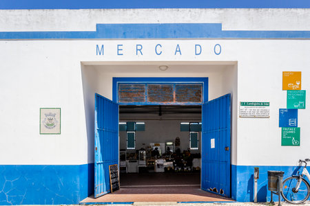 Zambujeira do Mar, Portugal - June 28, 2021: Entrance to municipal market selling regional productsのeditorial素材