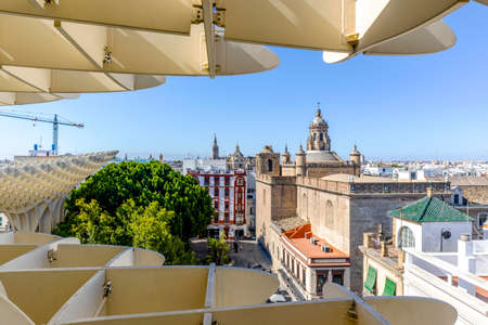 View of old Annunciation Church taken from Setas de Sevilla landmark in Seville, Andalusia, Spainの写真素材
