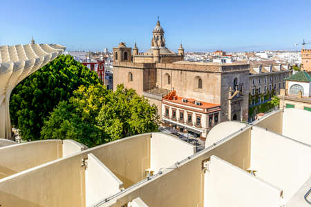 View of old Annunciation Church taken from Setas de Sevilla landmark in Seville, Andalusia, Spainの写真素材