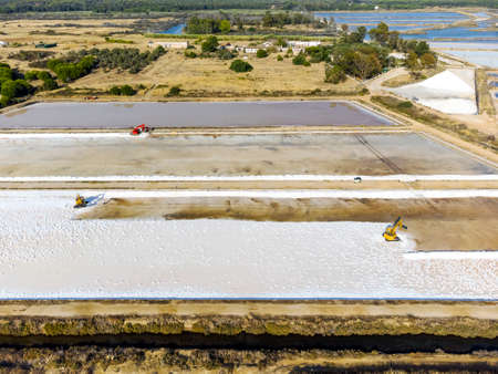 Aerial view of sea salt harvest at the salines in Faro, Portugalの写真素材
