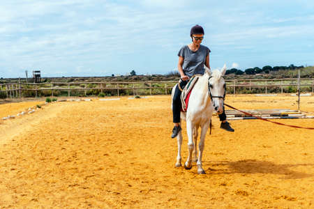 Portrait of a woman taking horse riding lessons in a paddockの写真素材