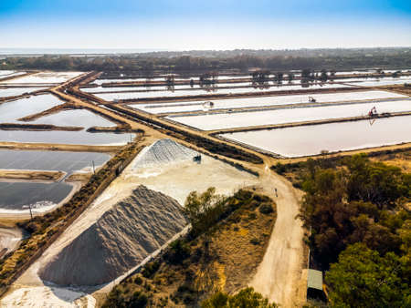 Aerial view of sea salt harvest at the salines in Faro, Portugalの写真素材
