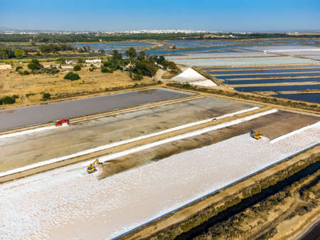 Aerial view of sea salt harvest at the salines in Faro, Portugalの写真素材