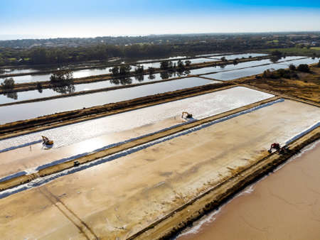 Aerial view of sea salt harvest at the salines in Faro, Portugalの写真素材