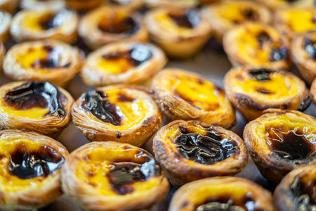 Close-up of many pastel de nata - traditional sweet from Portugalの写真素材